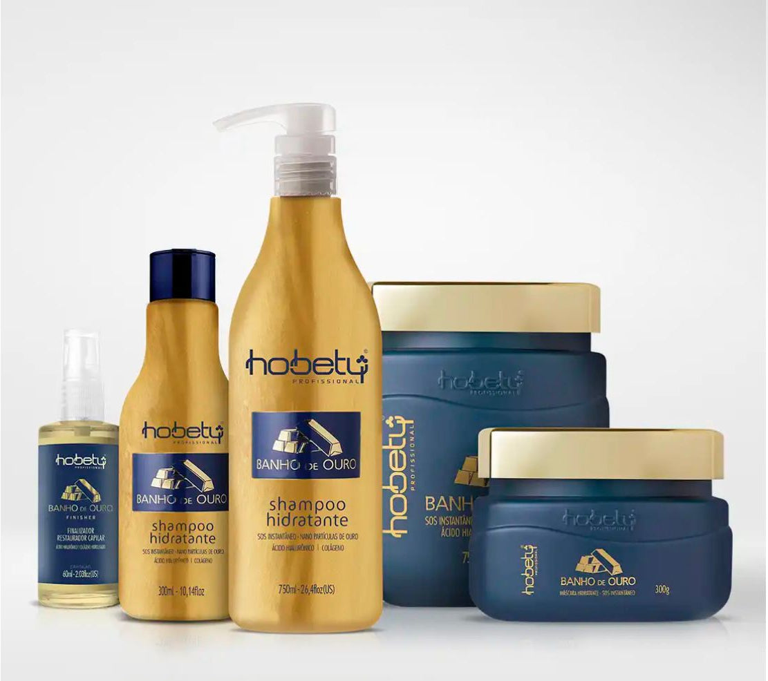 Hobety Banho de Ouro (Gold Bath) Hair Recovery Set - Instant Repair, Deep Restoration, Long-Lasting Shine