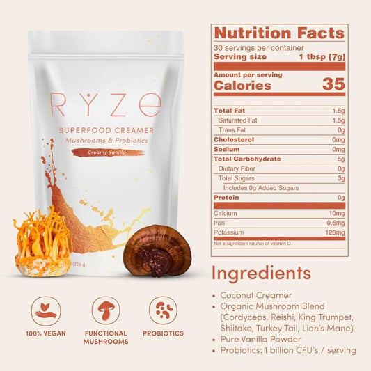 Ryze Superfood Creamer – Creamy Vanilla | Mushrooms & Probiotics | 7.75 oz (220g)