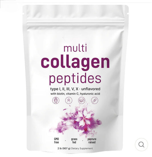 Multi Collagen Peptides Powder – Types I, II, III, V & X with Biotin, Vitamin C & Hyaluronic Acid | 1 lb Unflavored
