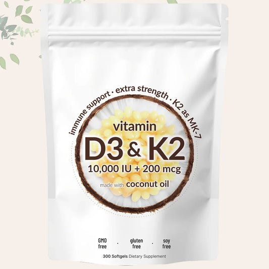 Vitamin D3 & K2 (10,000 IU + 200 mcg) – Extra Strength Immune & Bone Support with Coconut Oil | 300 Softgels